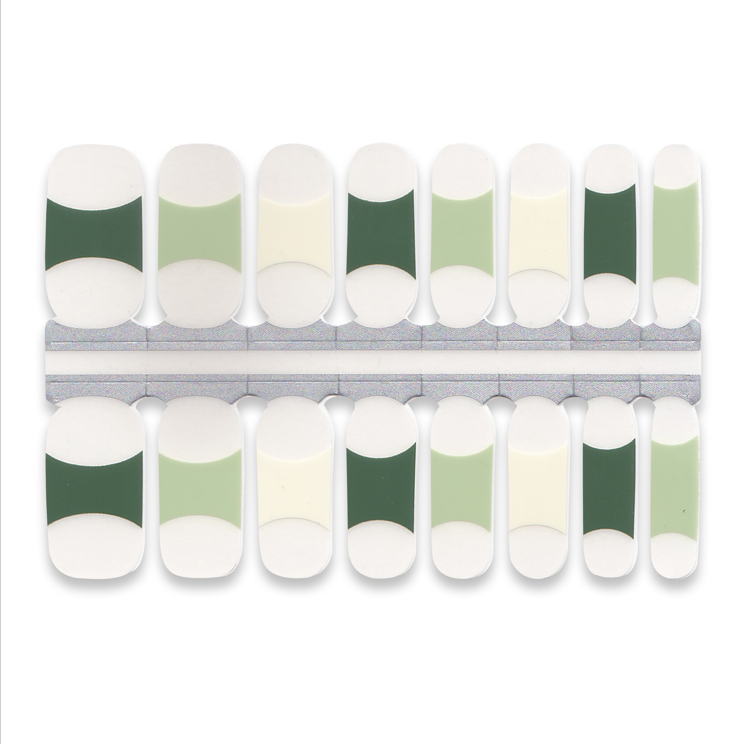 Minimalist nail wraps featuring nude base with light and dark green French tips.