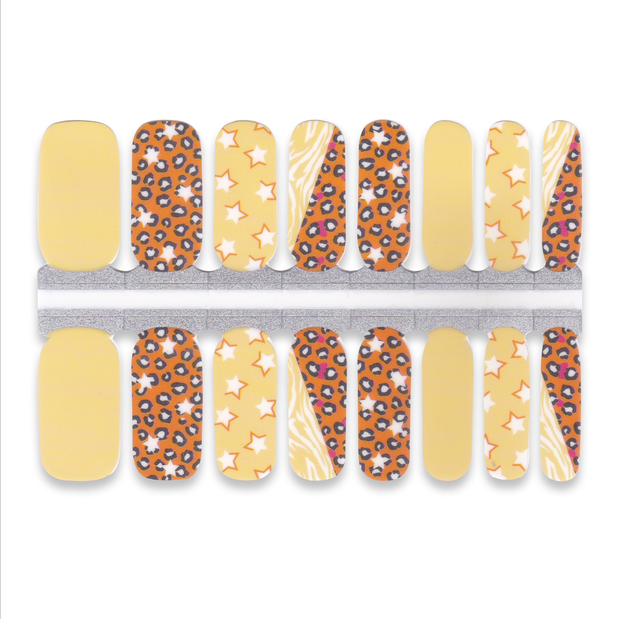 Sheet of yellow nail wraps featuring leopard print and star designs”