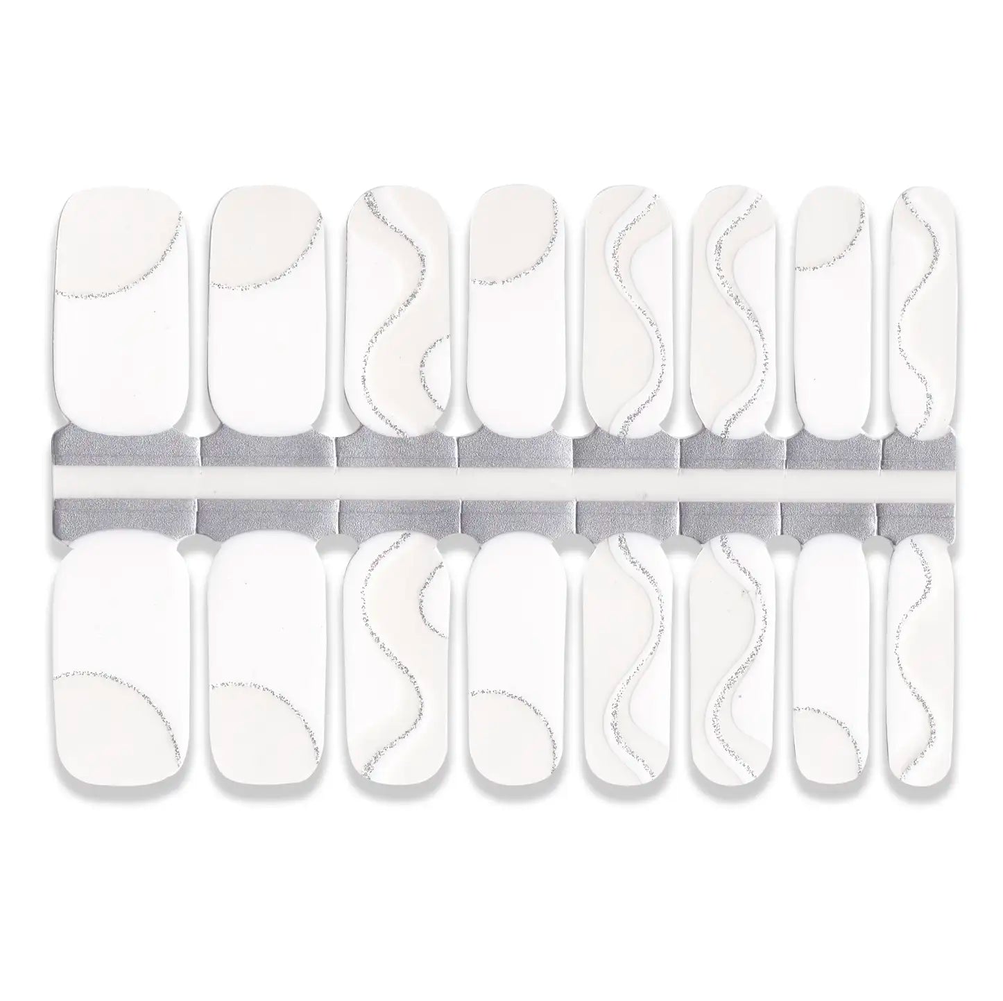 Set of white nail wraps with abstract designs on a white background