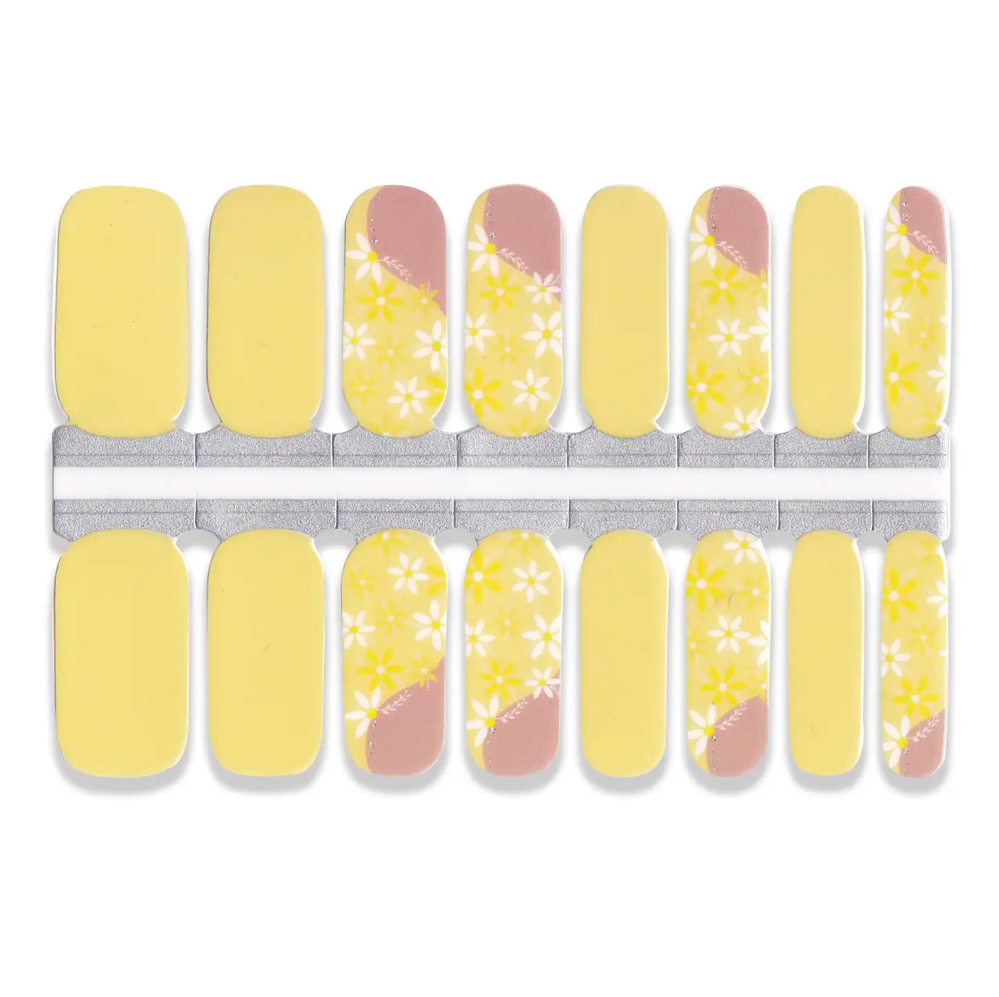 Yellow nail wrap stickers with white floral print and nude accent design in multiple sizes.”