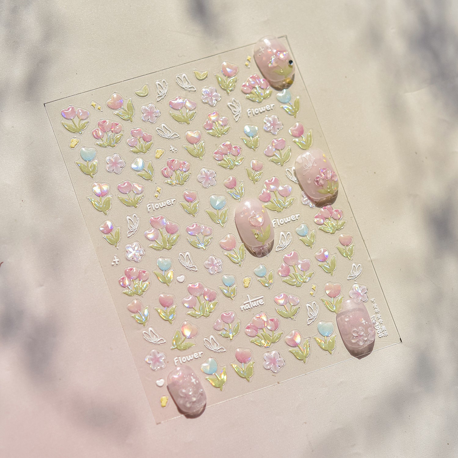 Sheet of decorative stickers with flowers on a clear background
