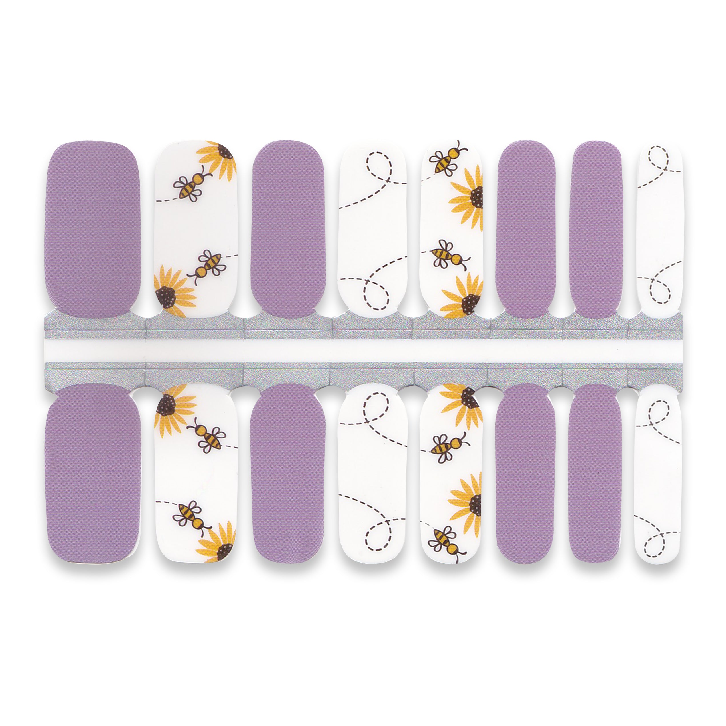 Purple nail wraps featuring cute bee and sunflower floral pattern.
