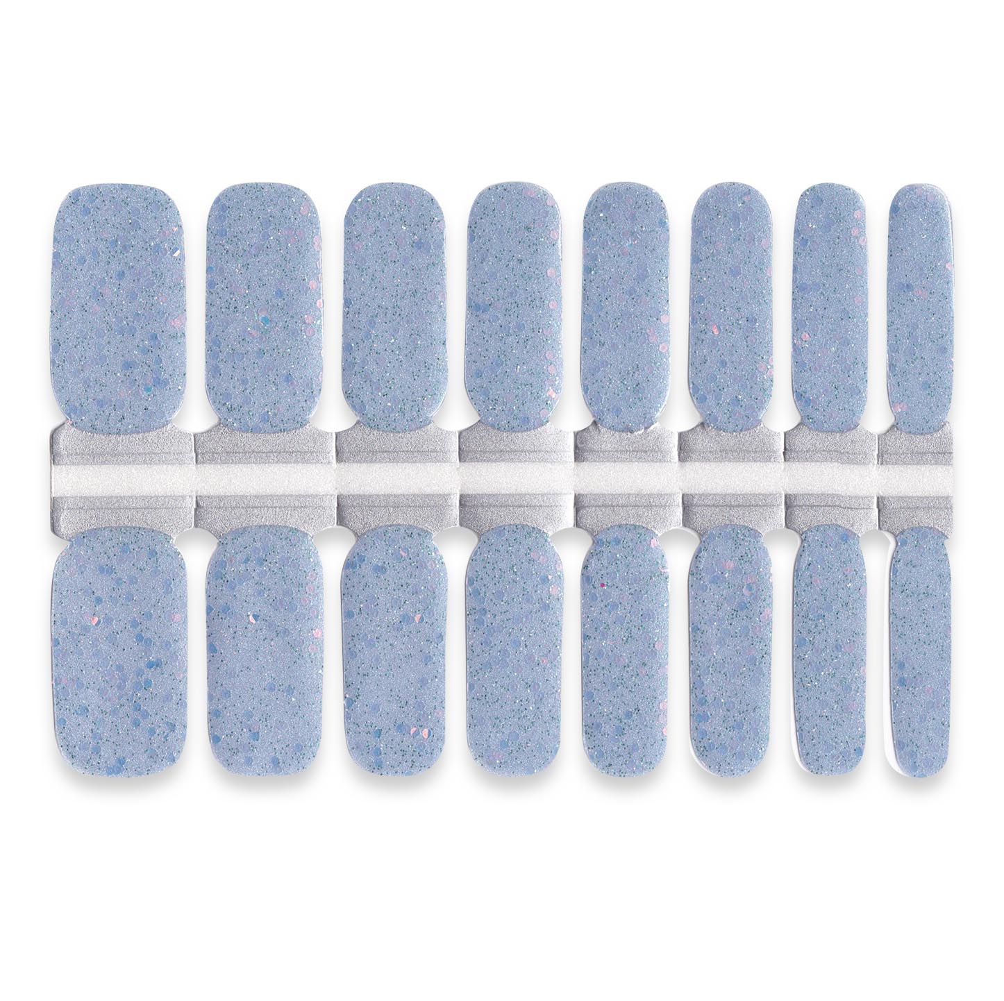 Dusty sky-blue nail wraps set featuring delicate speckled glitter for a soft textured sparkle finish.