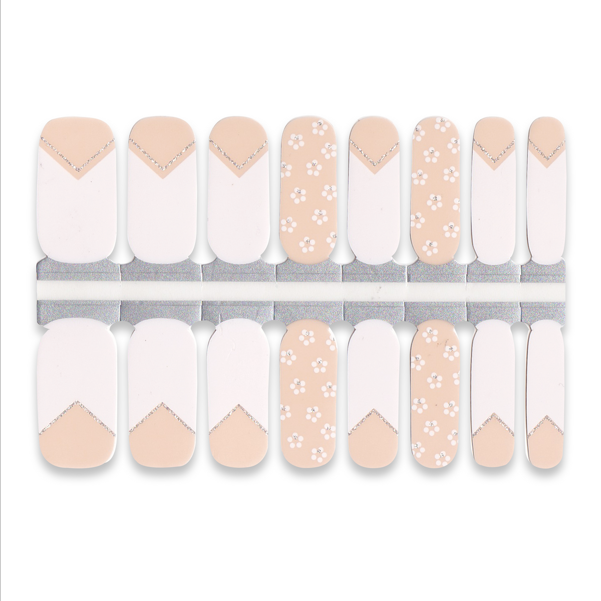 Set of light nude and white nail wraps featuring French tips and small floral patterns