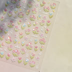 “Pastel 3D flower nail art sticker sheet with iridescent detailing.”