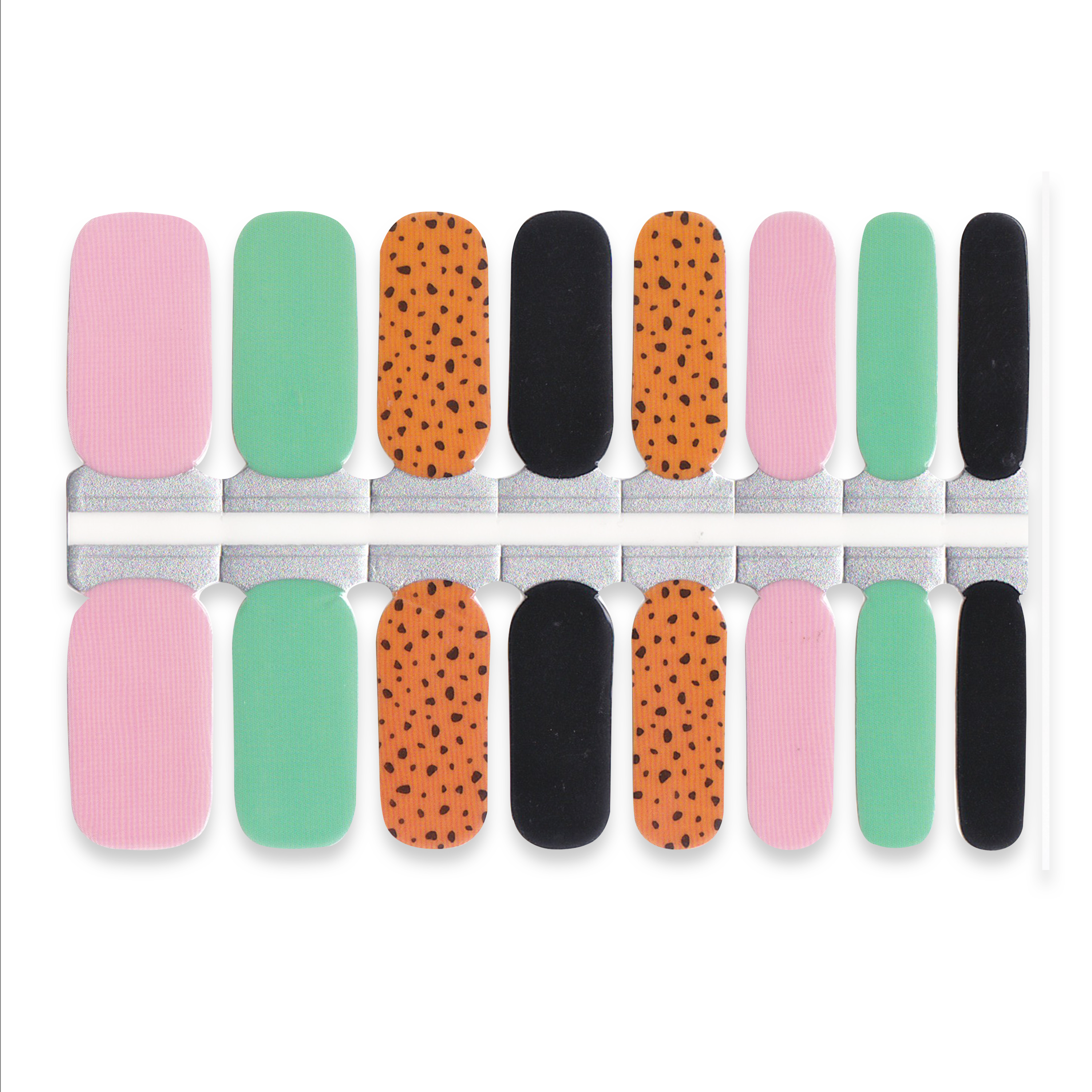 Sheet of nail wrap in pink, green, black and orange with small dot pattern