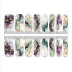 Marbled nail art designs with gold and purple accents on a white background