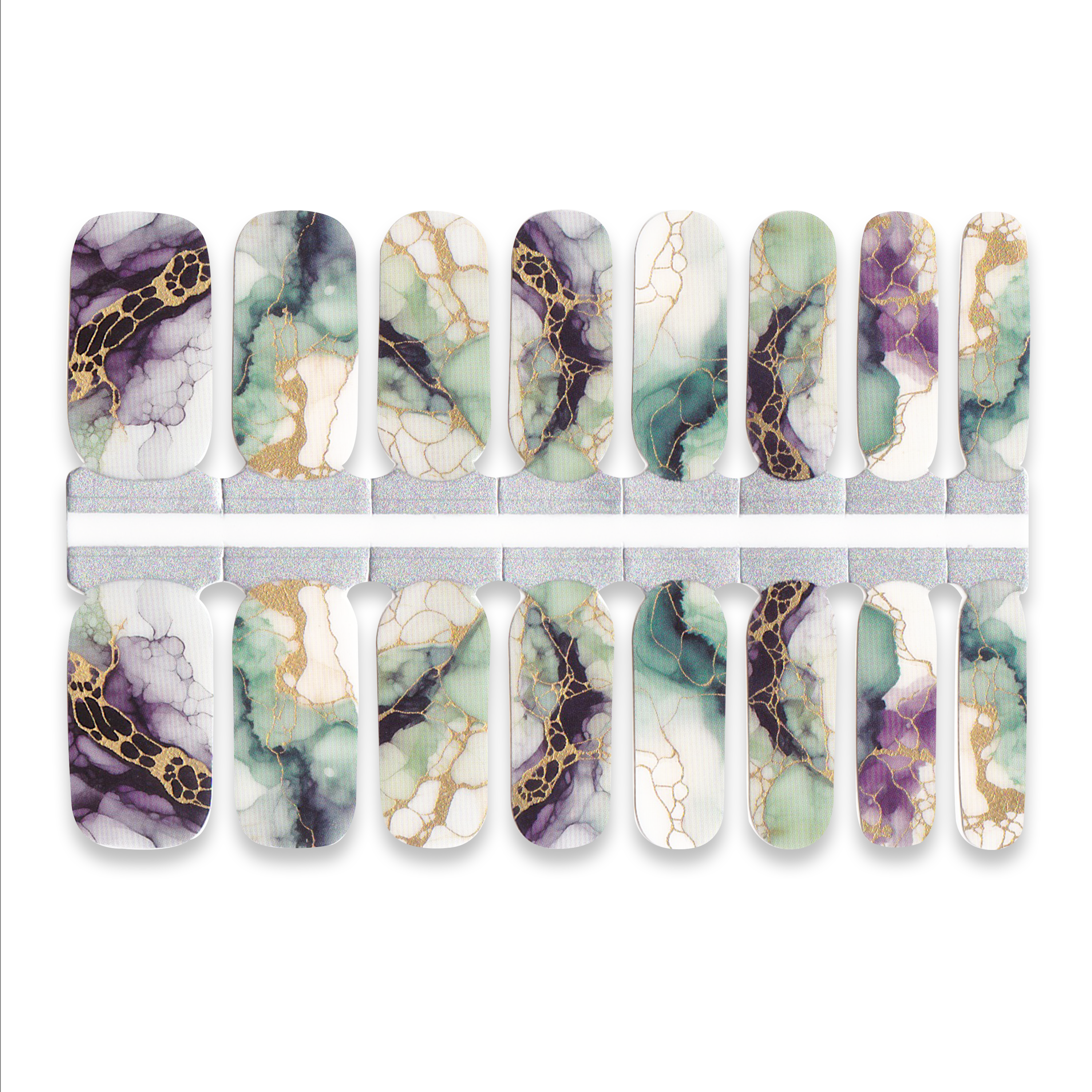Marbled nail art designs with gold and purple accents on a white background