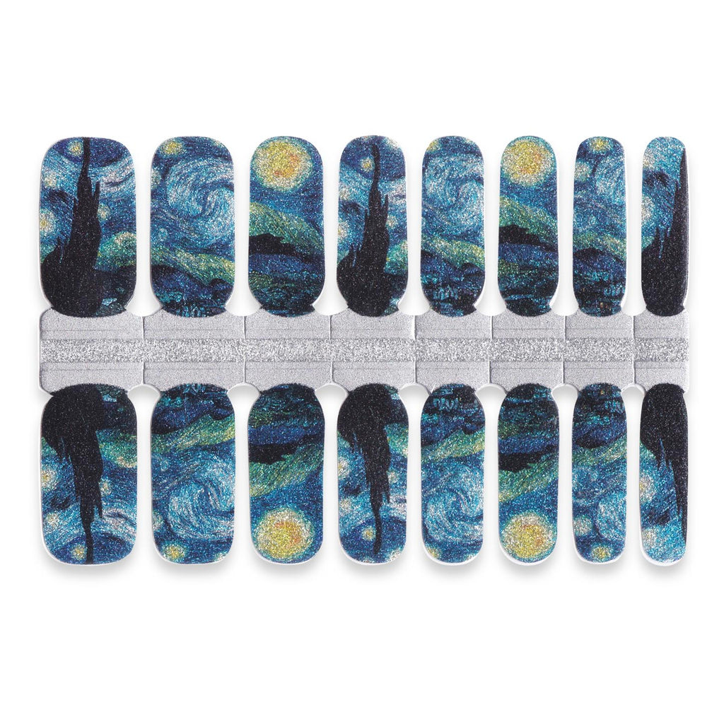 Nail wrap set featuring a ‘Starry Night’-inspired design with swirling blue sky and yellow stars”