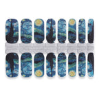 Nail wrap set featuring a ‘Starry Night’-inspired design with swirling blue sky and yellow stars”