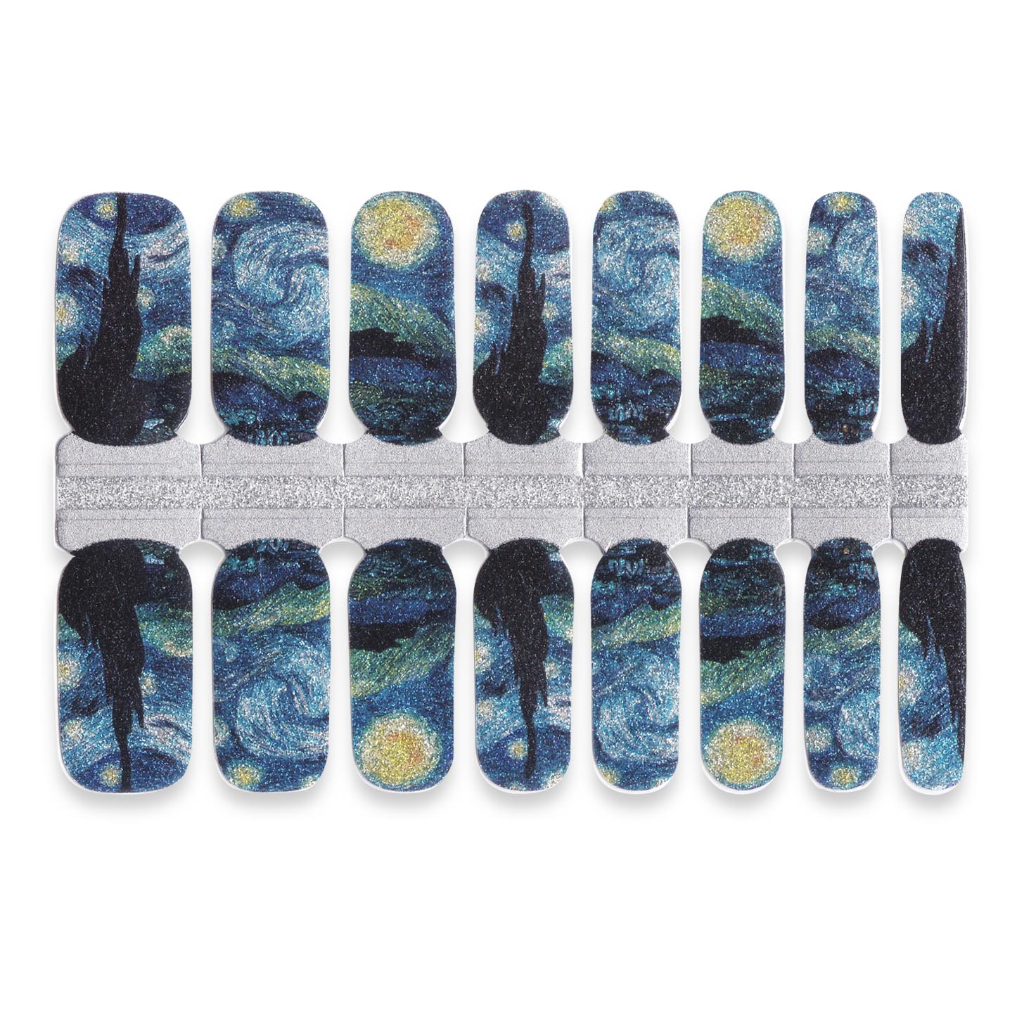 Nail wrap set featuring a ‘Starry Night’-inspired design with swirling blue sky and yellow stars”