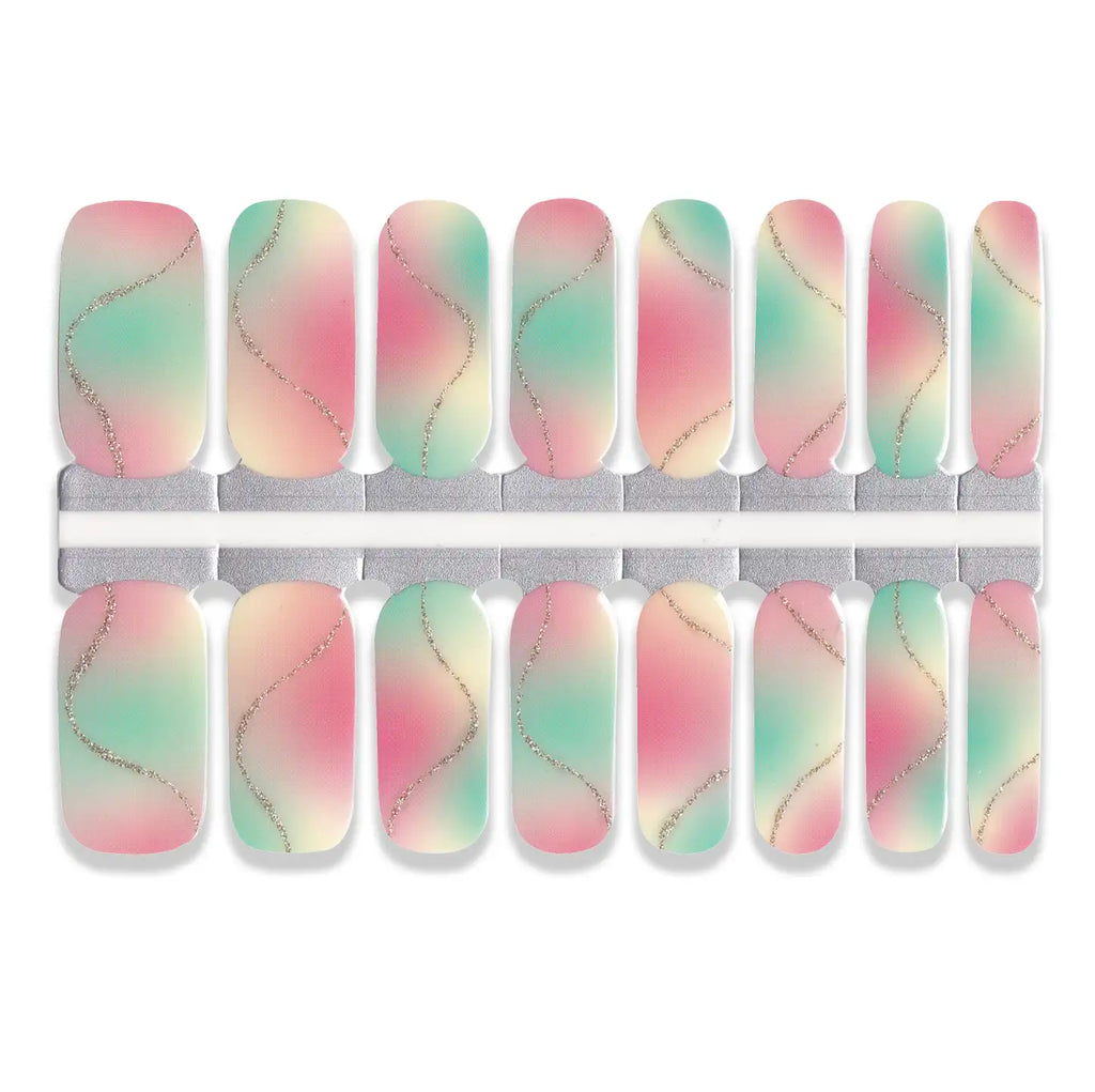 Set of pastel-colored nail wraps with a wavy pattern on a white background