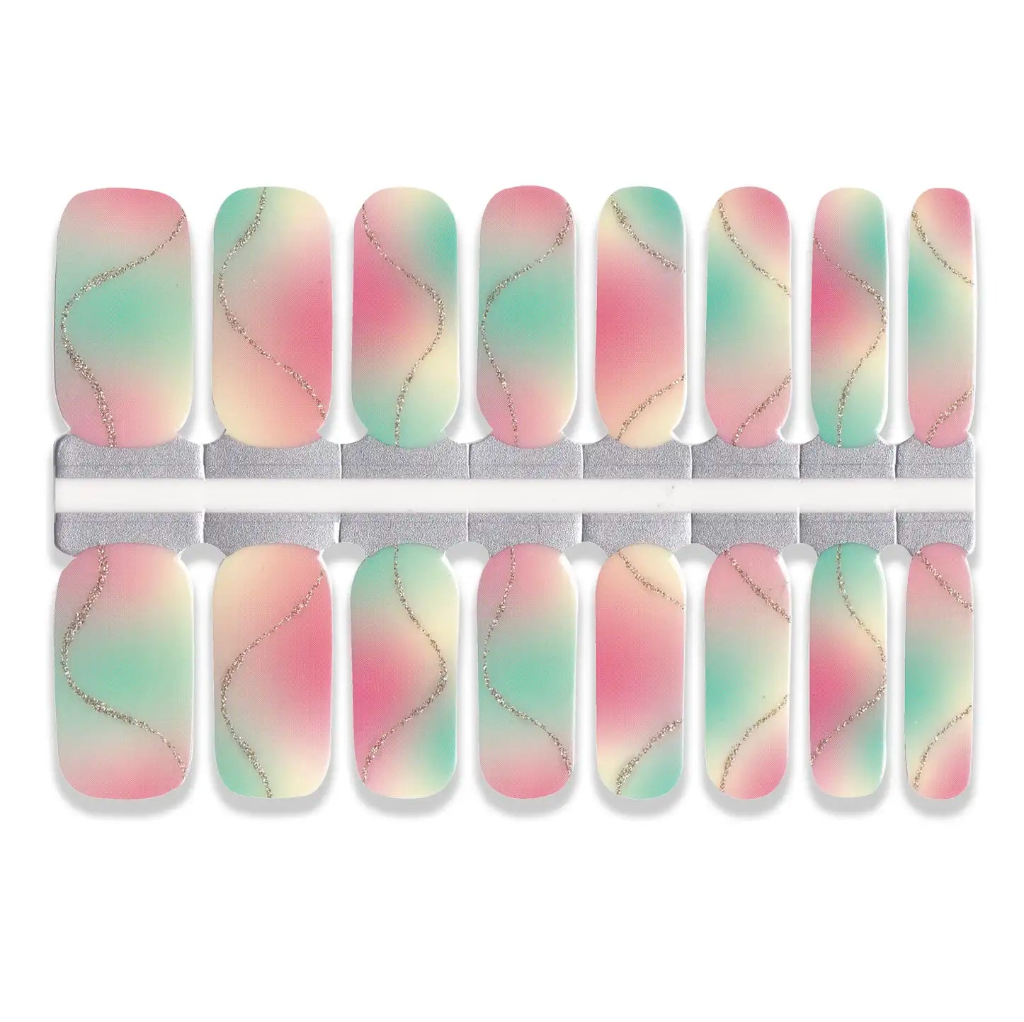 Set of pastel-colored nail wraps with a wavy pattern on a white background