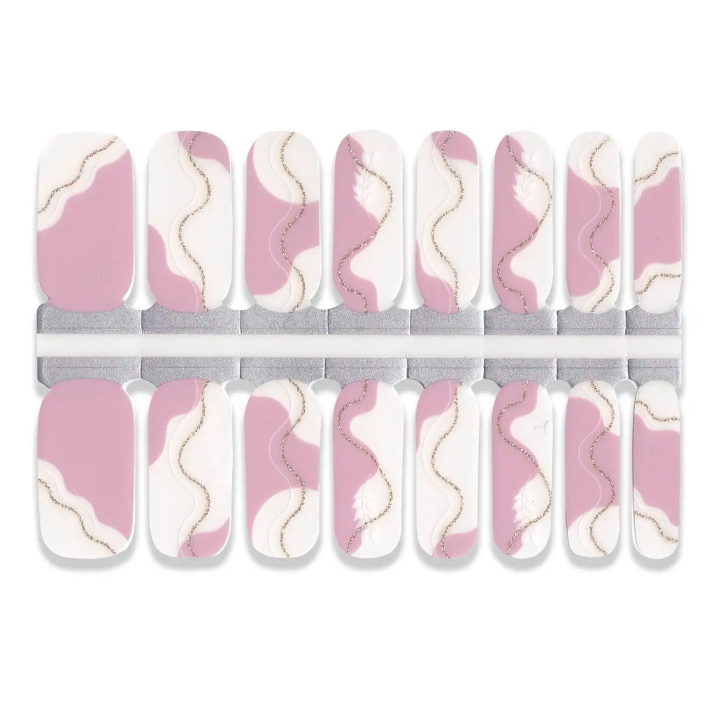 Set of nail wraps with pink and white abstract design on a white background