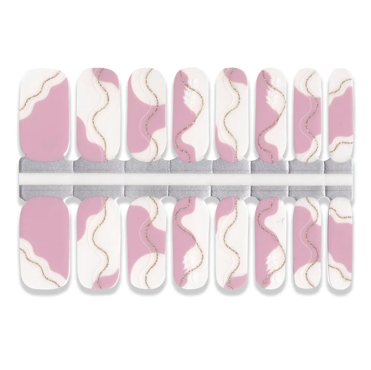 Set of nail wraps with pink and white abstract design on a white background