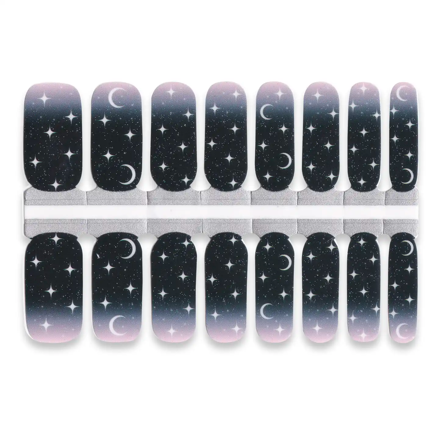 Black gradient nail wrap stickers with white crescent moons and star pattern in multiple sizes.