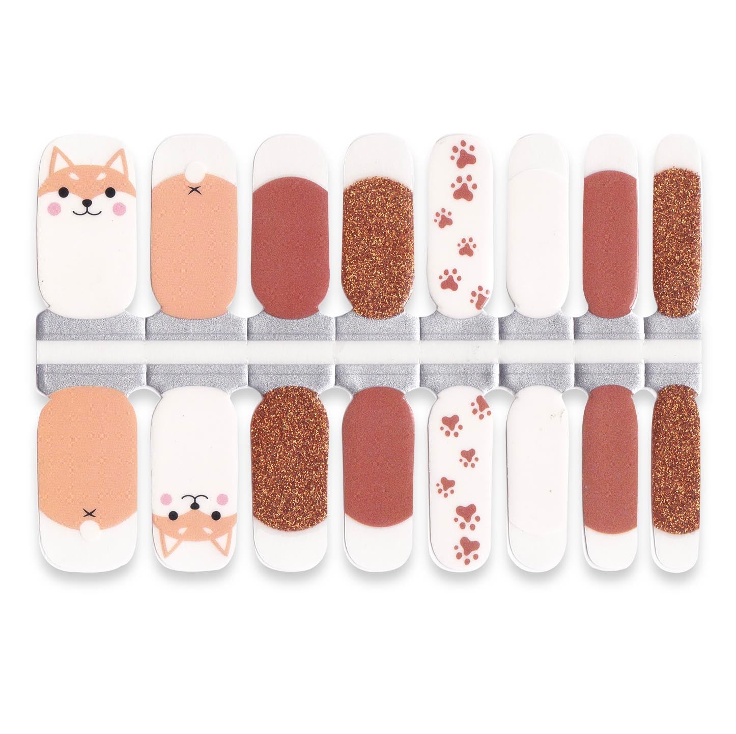 White and warm brown nail wrap set with cute fox faces, paw prints and copper glitter accents.”