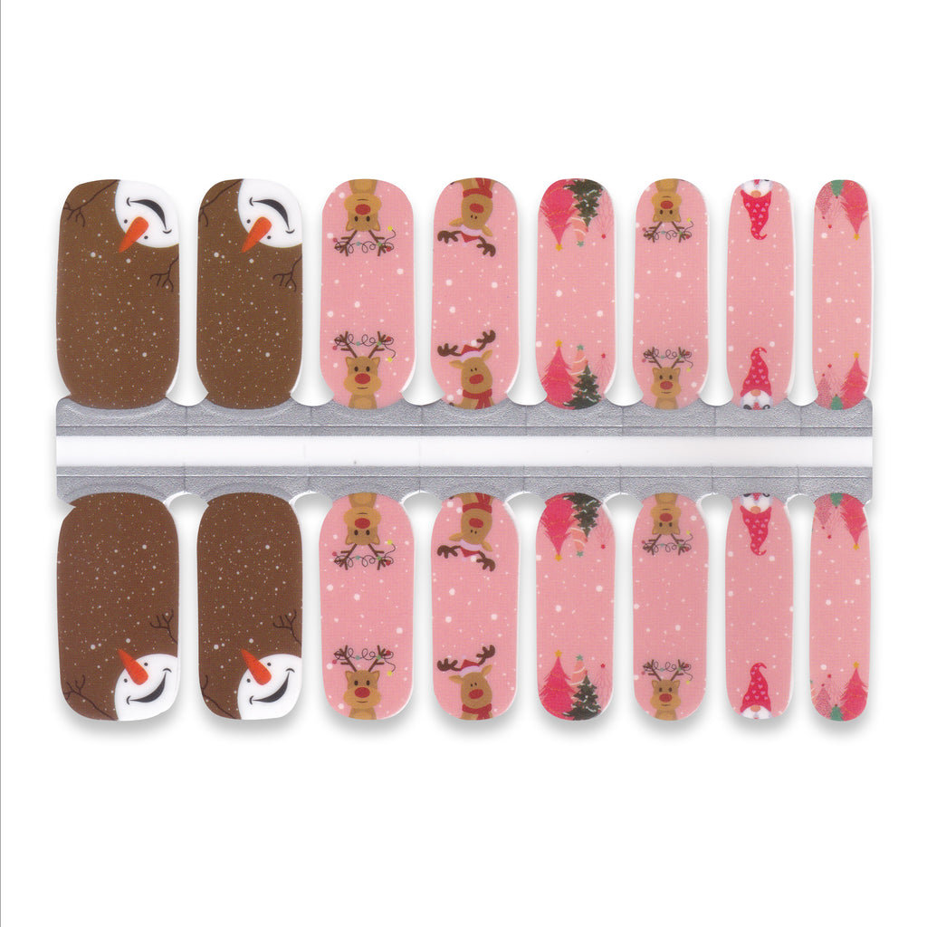 Set of nail wraps with Christmas-themed designs on a white background