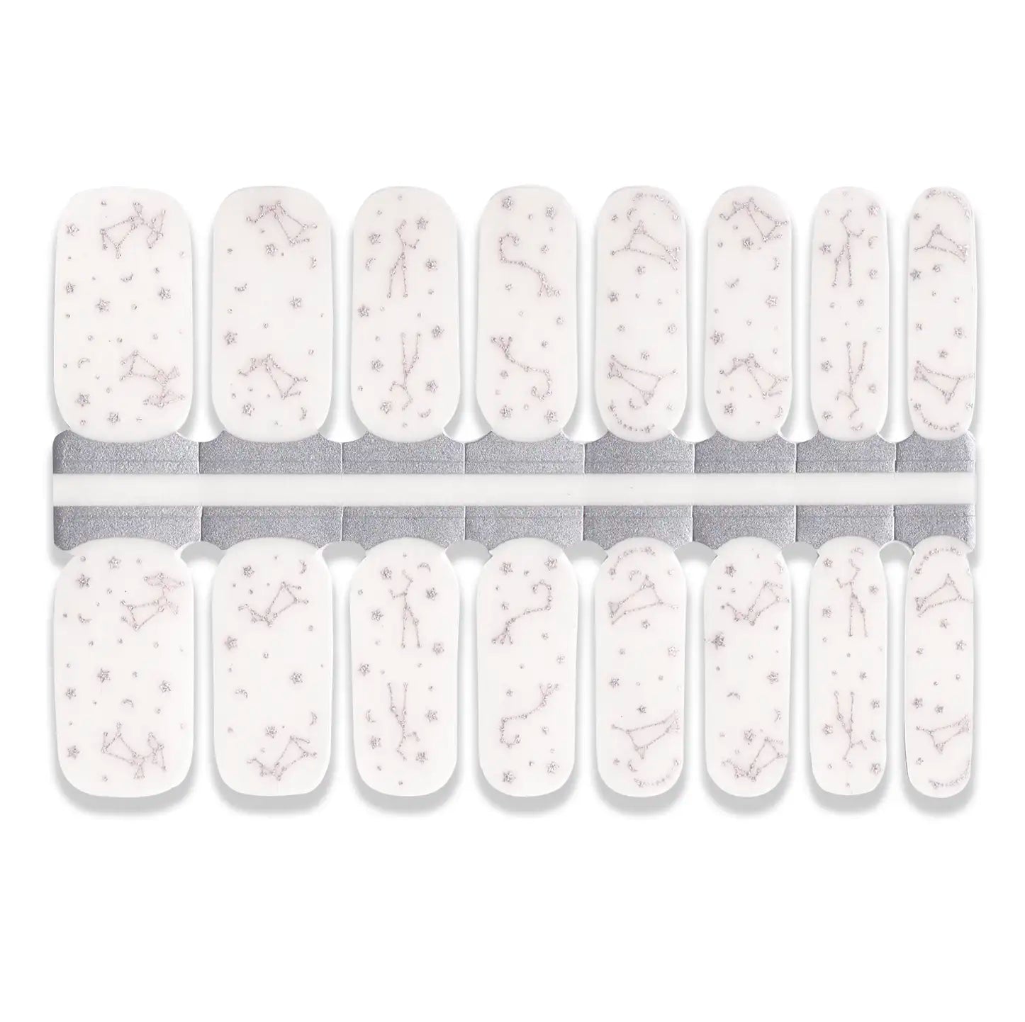 White nail wrap stickers with delicate constellation and star patterns in multiple sizes.