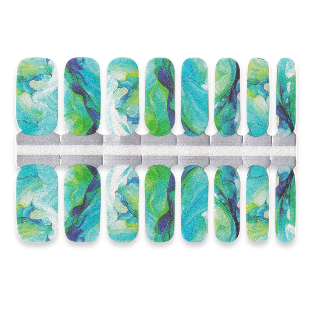 Set of teal, blue, and green marble-pattern   nails wraps.