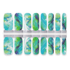 Set of teal, blue, and green marble-pattern   nails wraps.