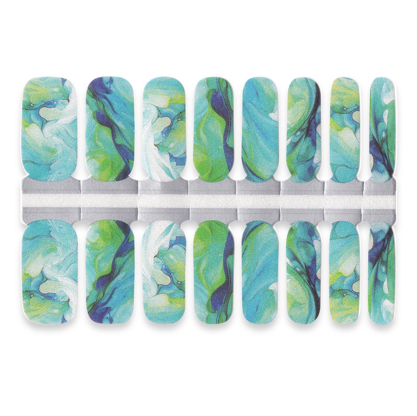 Set of teal, blue, and green marble-pattern   nails wraps.
