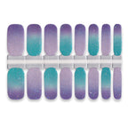 Purple and teal gradient nail wrap stickers with subtle glitter shimmer in multiple sizes.