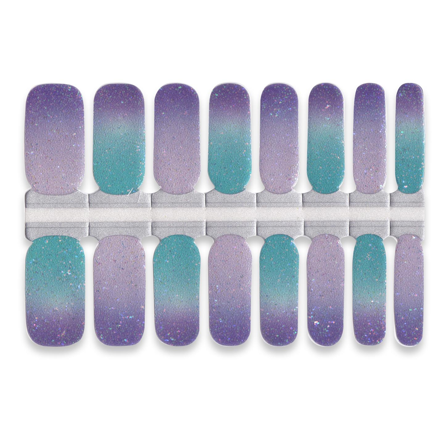 Purple and teal gradient nail wrap stickers with subtle glitter shimmer in multiple sizes.