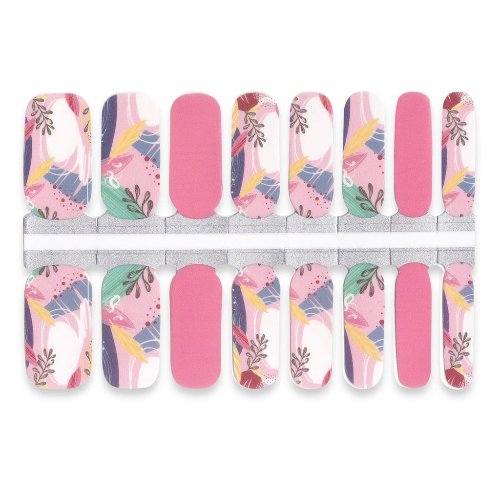 Abstract pink nail wrap set with colorful leaves, soft curves and solid textured accent nails wrap 