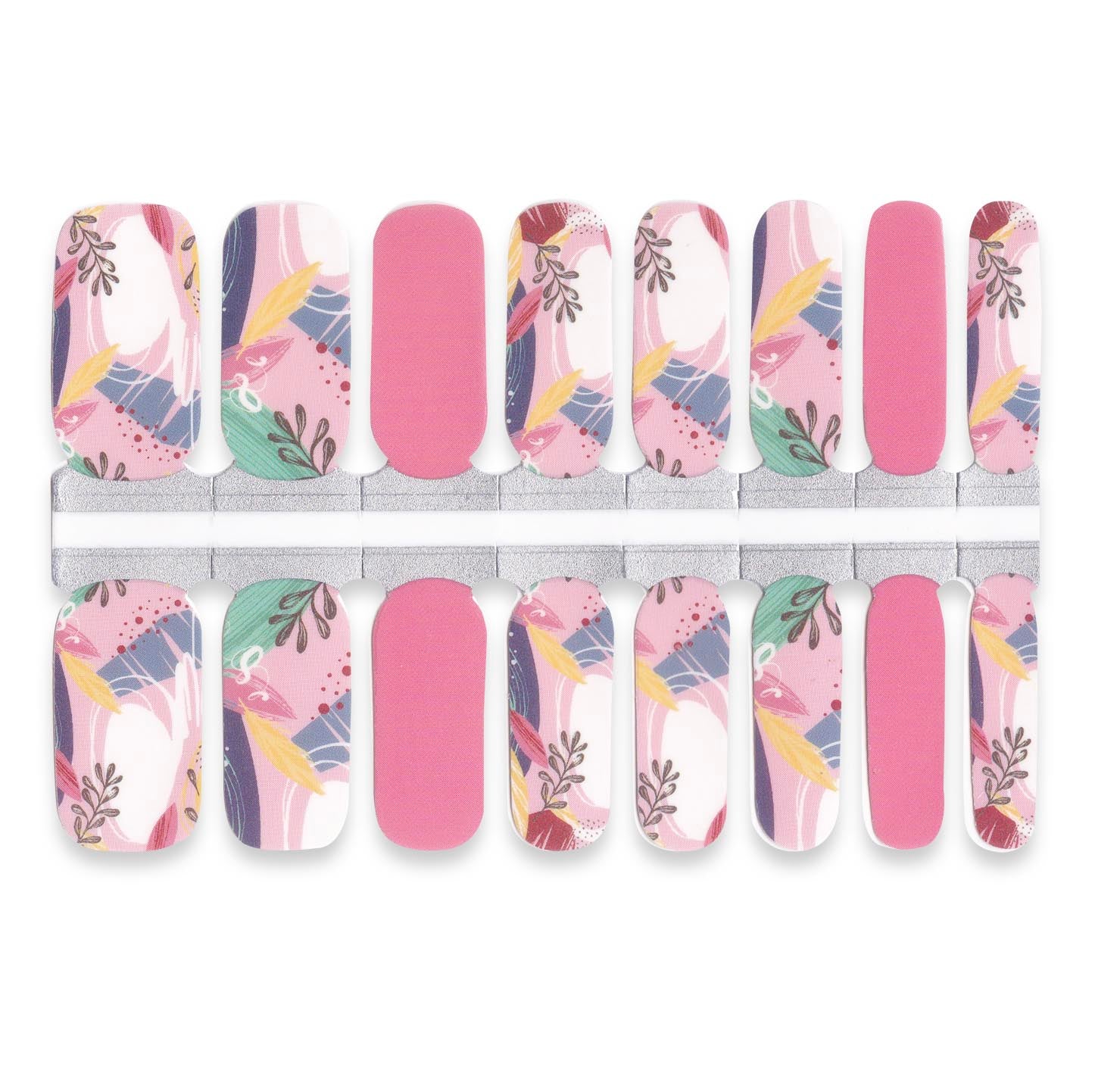 Abstract pink nail wrap set with colorful leaves, soft curves and solid textured accent nails wrap 