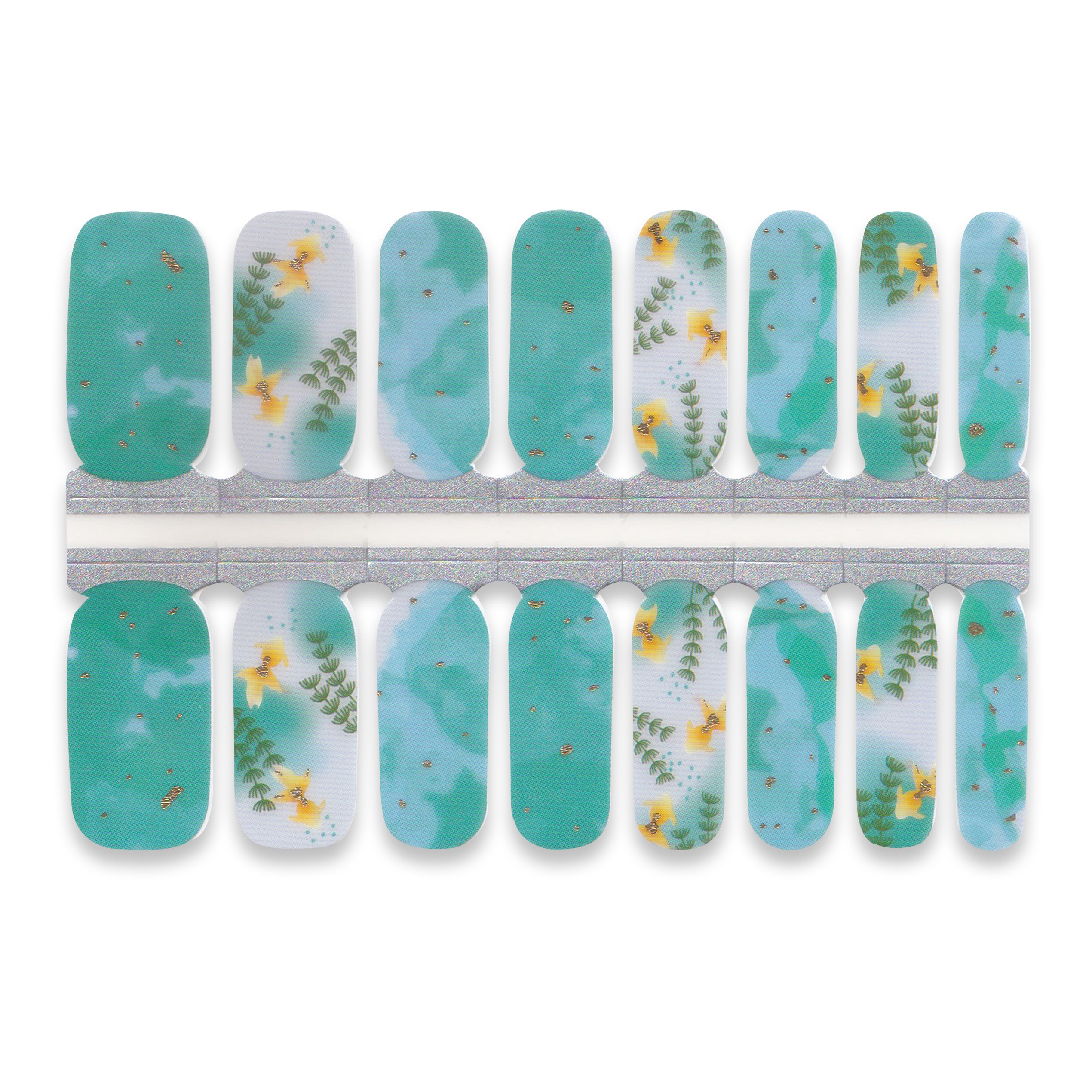 Set of nail wraps with green and yellow floral design on a white background