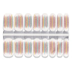White nail wrap stickers with vertical pastel stripes and gold shimmer detailing in multiple sizes.