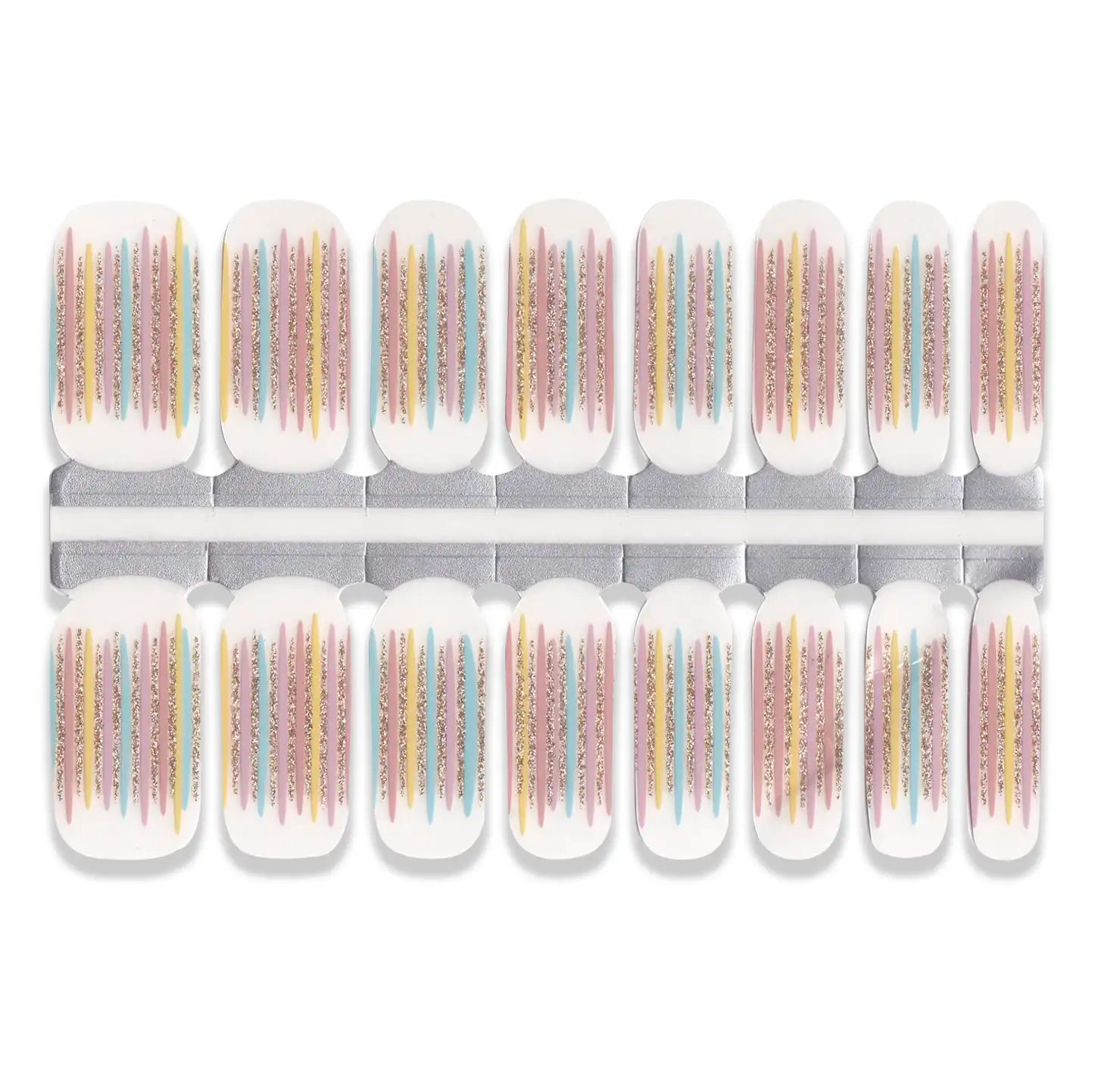 White nail wrap stickers with vertical pastel stripes and gold shimmer detailing in multiple sizes.