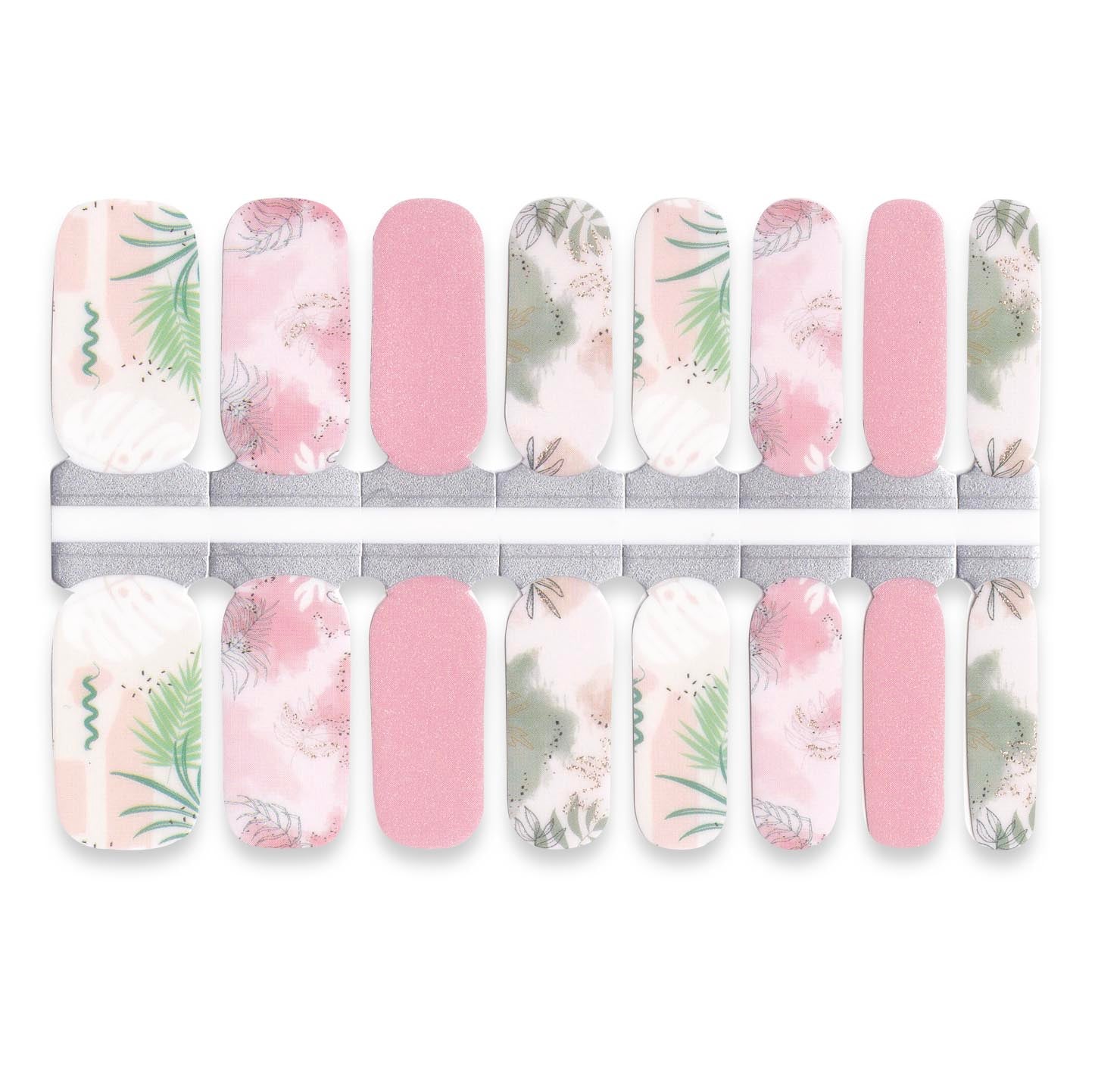 Decorative nails wrap with pink tones and leafy patterns.