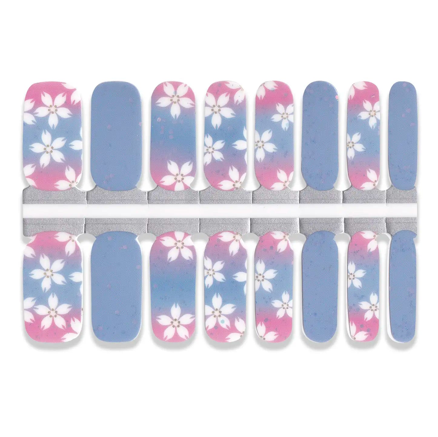 Blue and pink ombre floral nail wraps with white flower design.